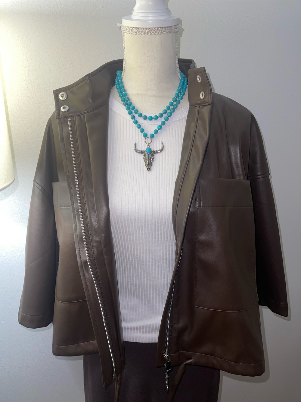 Naked Zebra Dark Brown Faux Leather Short Zip Jacket